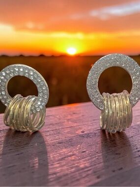 Gold Textured pave Circle Drop Earrings with Stacked Ring Detail